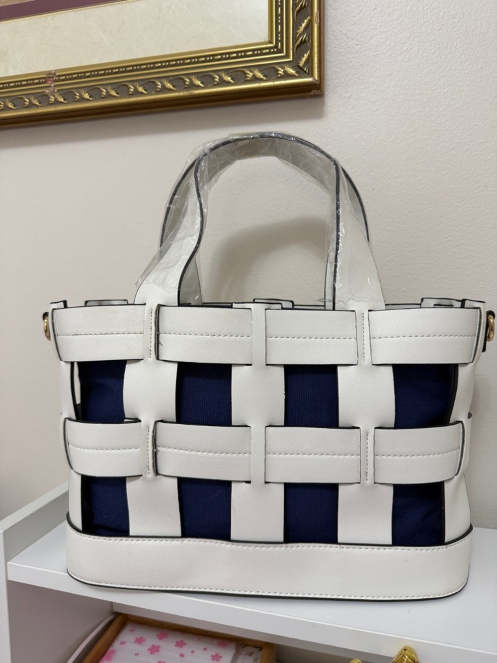 White and Navy Woven Tote Bag